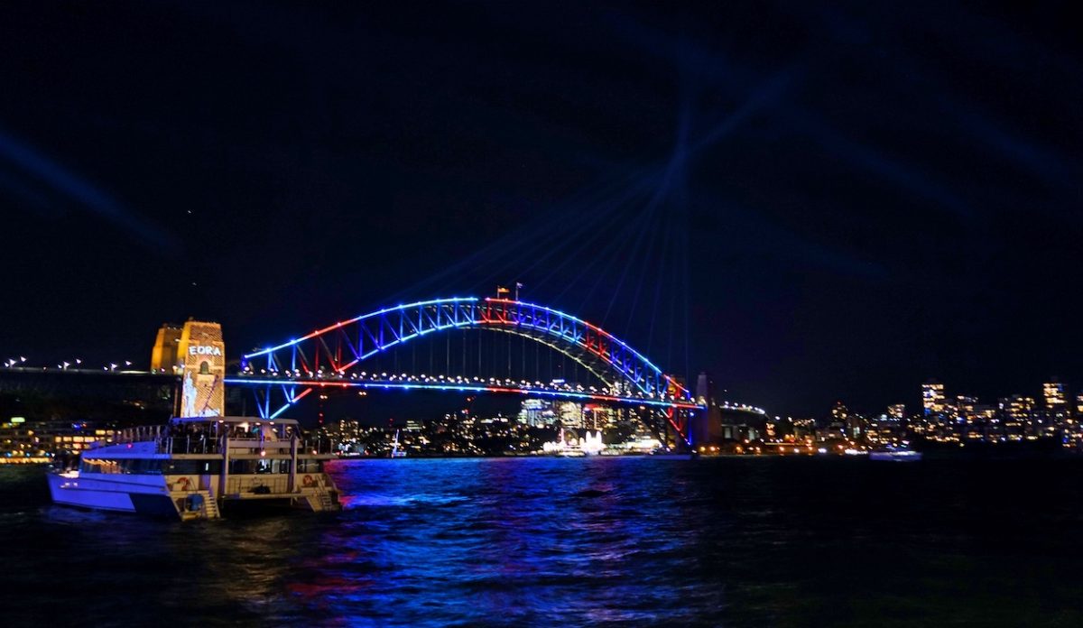 Sydney Harbour Bridge at night during the VIVID light festival